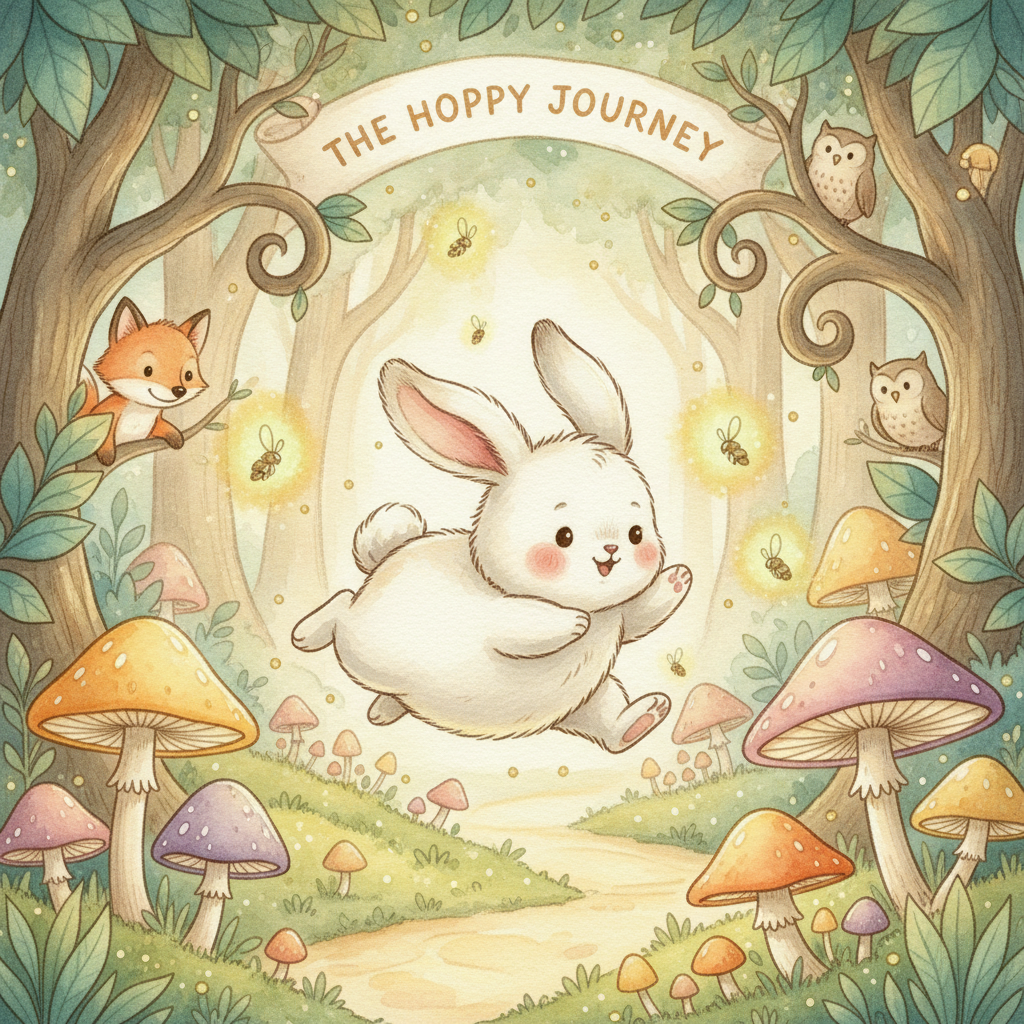 AI children's book illustration of a little bunny hopping through an enchanted forest with glowing mushrooms