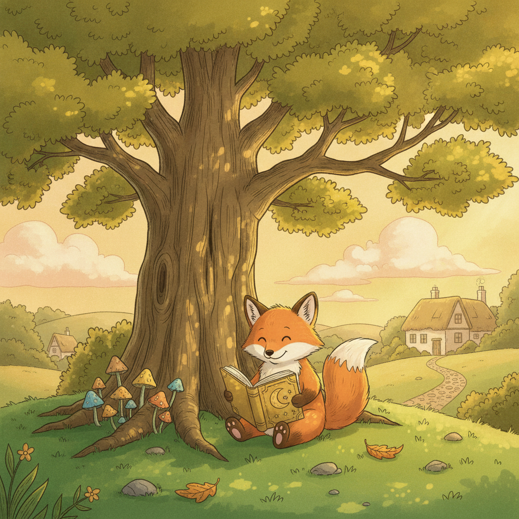 AI children's book illustrator result — a friendly little fox reading a book under a big tree in soft storybook art