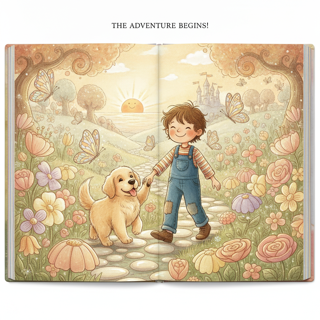 AI children's book illustration of a happy child and a fluffy puppy exploring a magical flower garden