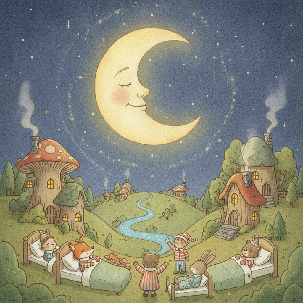 AI children's book illustrator result — a smiling sleepy moon glowing over a tiny cozy village at night