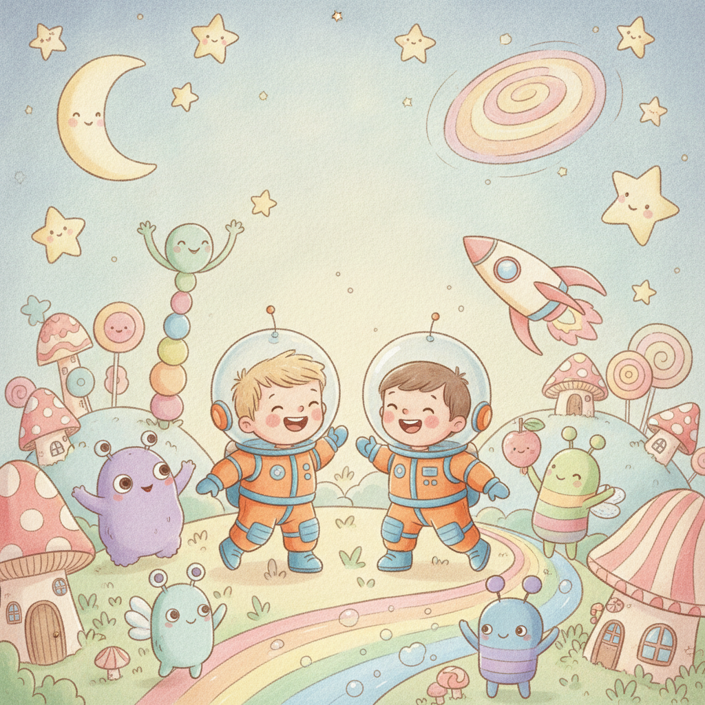 AI children's book illustration of two kids in astronaut suits exploring a colorful planet with friendly aliens