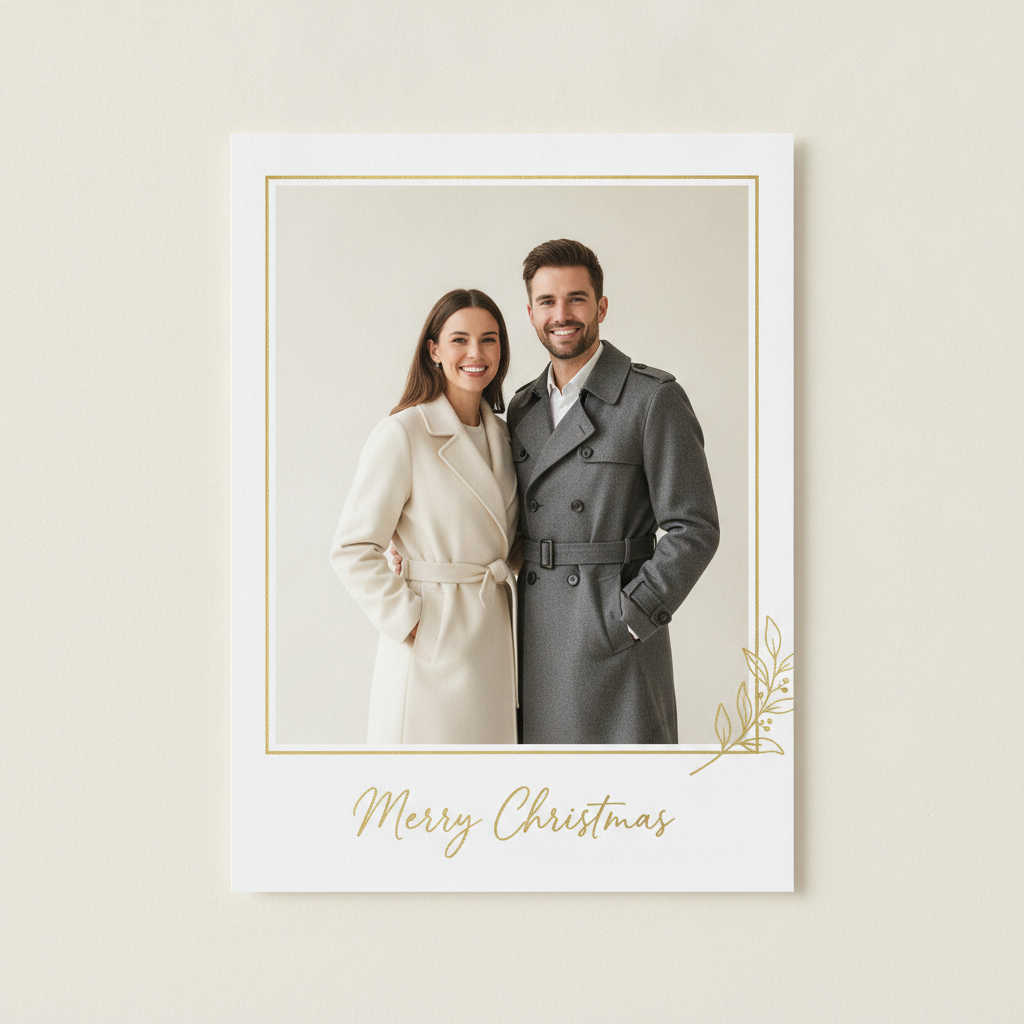 AI Christmas card generator example — a couple photo styled as a minimalist cream and gold foil Christmas card