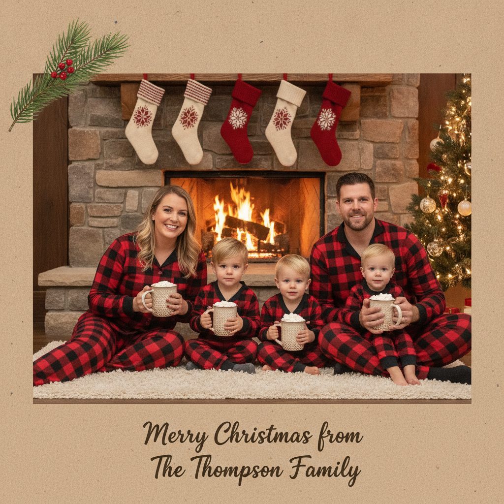 AI Christmas card generator example — a family in matching plaid pyjamas by a lit fireplace on a rustic kraft paper card