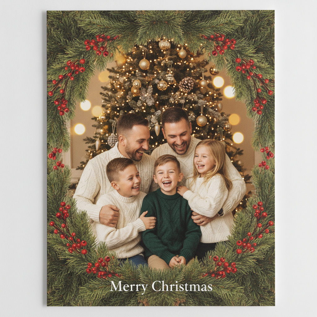 AI Christmas card generator example — a family photo turned into a classic holiday card with a pine garland and red berry border