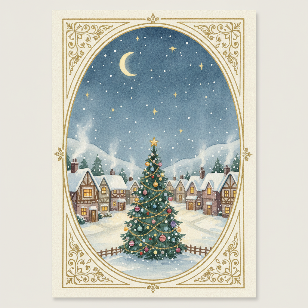 AI Christmas card generator example — a hand painted watercolour snowy village scene under a starry winter sky