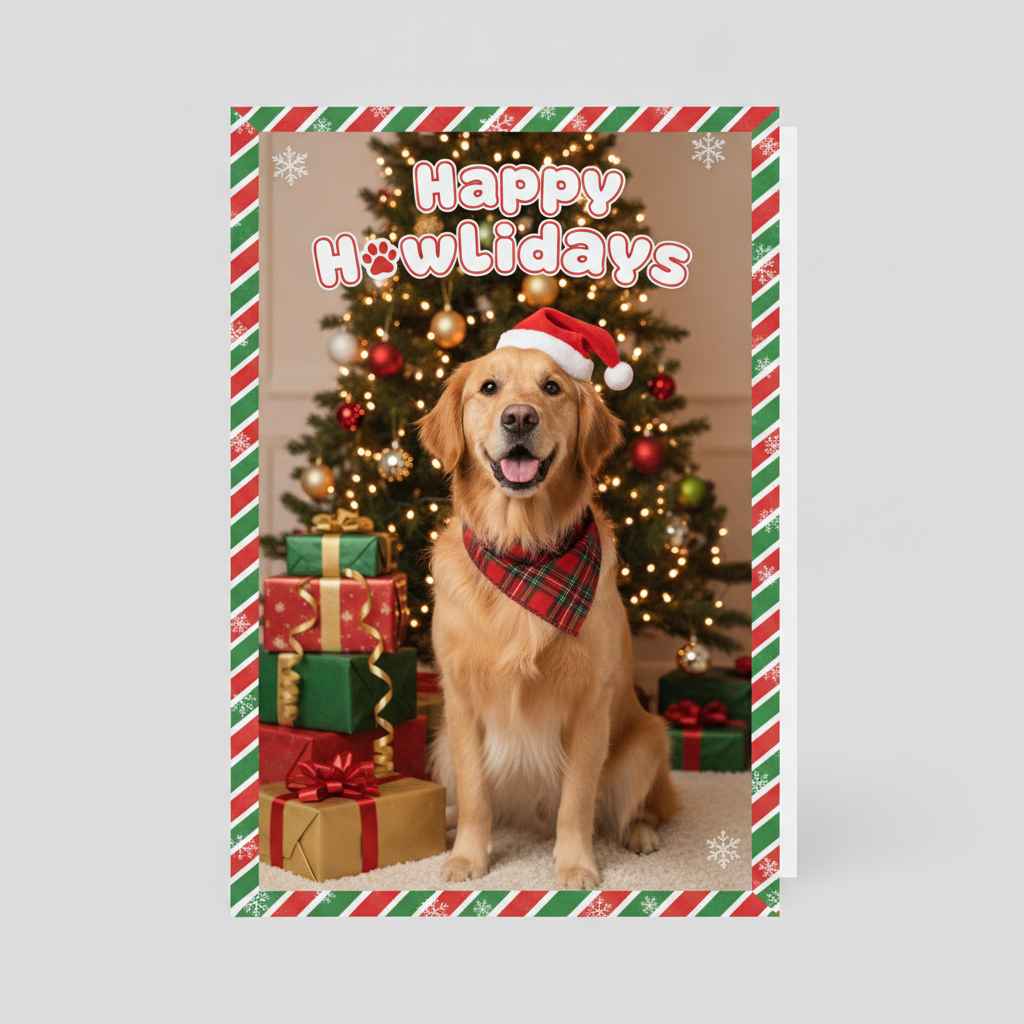 AI Christmas card generator example — a dog in a Santa hat beside a Christmas tree on a festive red and green card