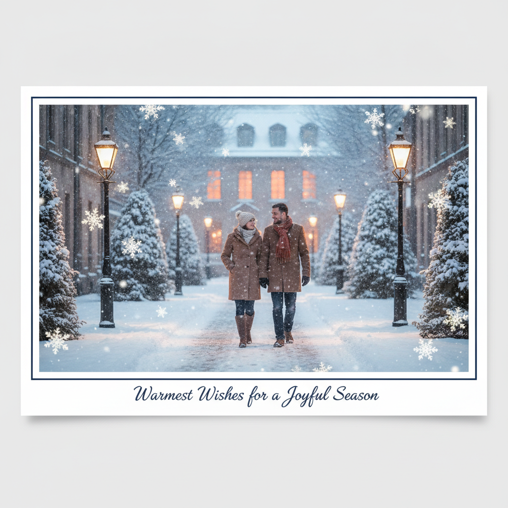 AI Christmas card generator example — a couple walking through falling snow on a lantern lit street at blue hour