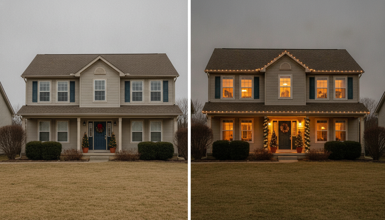 Side by side AI Christmas decoration comparison — the same two storey house in flat winter daylight on the left wearing only a wreath on the door and two small conifers in pots, and at dusk on the right with the full scheme of warm white roofline and porch lights, lit garland on the columns and every window glowing