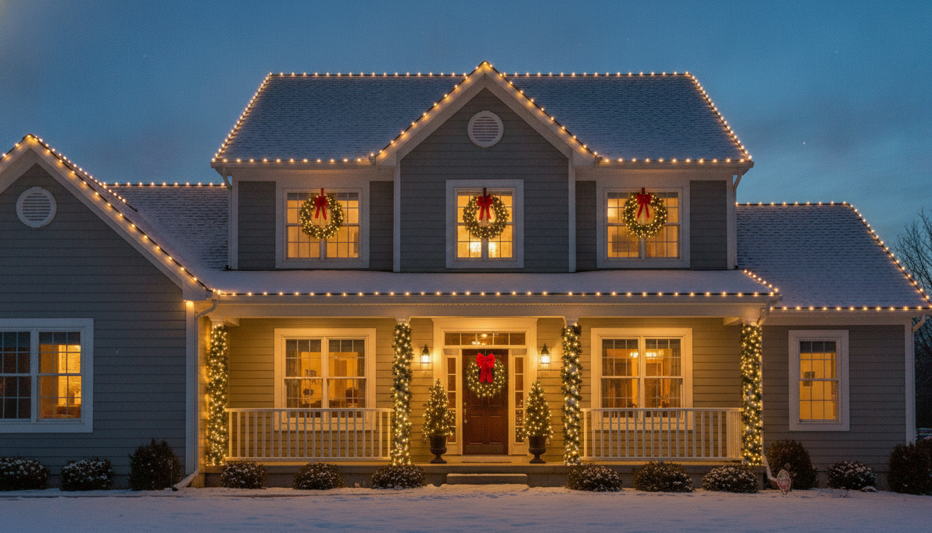AI Christmas decoration generator example — a two storey house at dusk with warm white lights outlining the roofline and porch, lit garland wrapped around the porch columns, a wreath with a red bow on the front door and two lit conifers in planters
