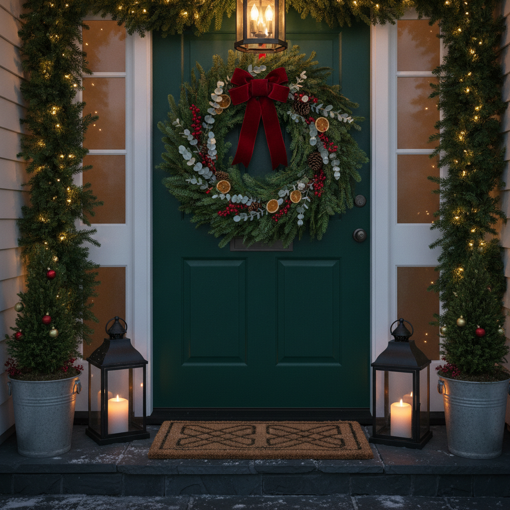 AI Christmas decorations close up of a front entrance with a green door, a large fresh fir wreath with pinecones and a red ribbon, lit garland swagged over the door frame, lanterns on the step and small conifers in pots