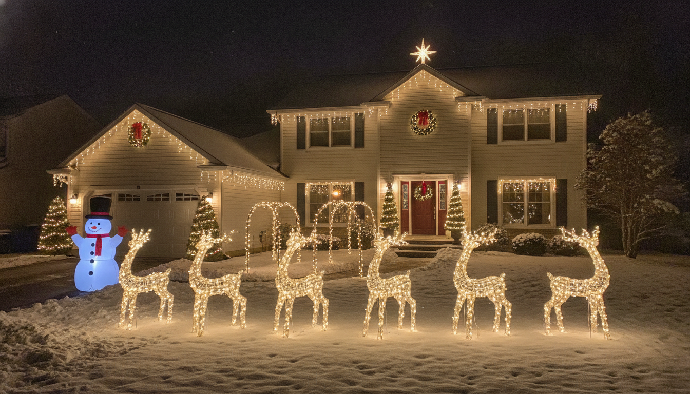 AI Christmas decoration ideas showing a full yard display at night — six illuminated wire reindeer on a snowy lawn, lit arches over the walkway behind them, an inflatable snowman by the garage, icicle lights along the gutters and a lit star on the gable
