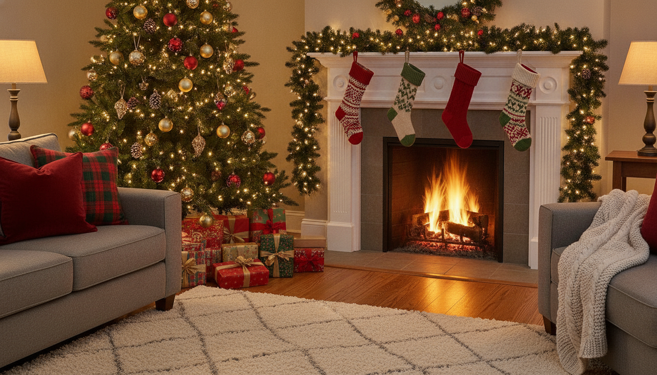 AI Christmas decoration generator interior example — a cosy living room with a tall lit Christmas tree, presents underneath, a lit garland and four knitted stockings on the fireplace mantel and a fire burning in the grate