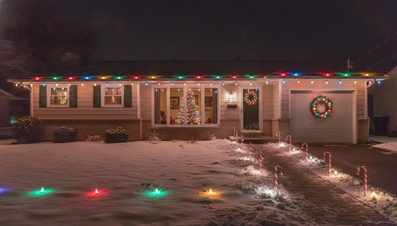 AI Christmas decorations on a single storey ranch house at night with large retro multicolour C9 bulbs along the roofline, candy cane path markers up the walkway and a lit tree glowing in the picture window