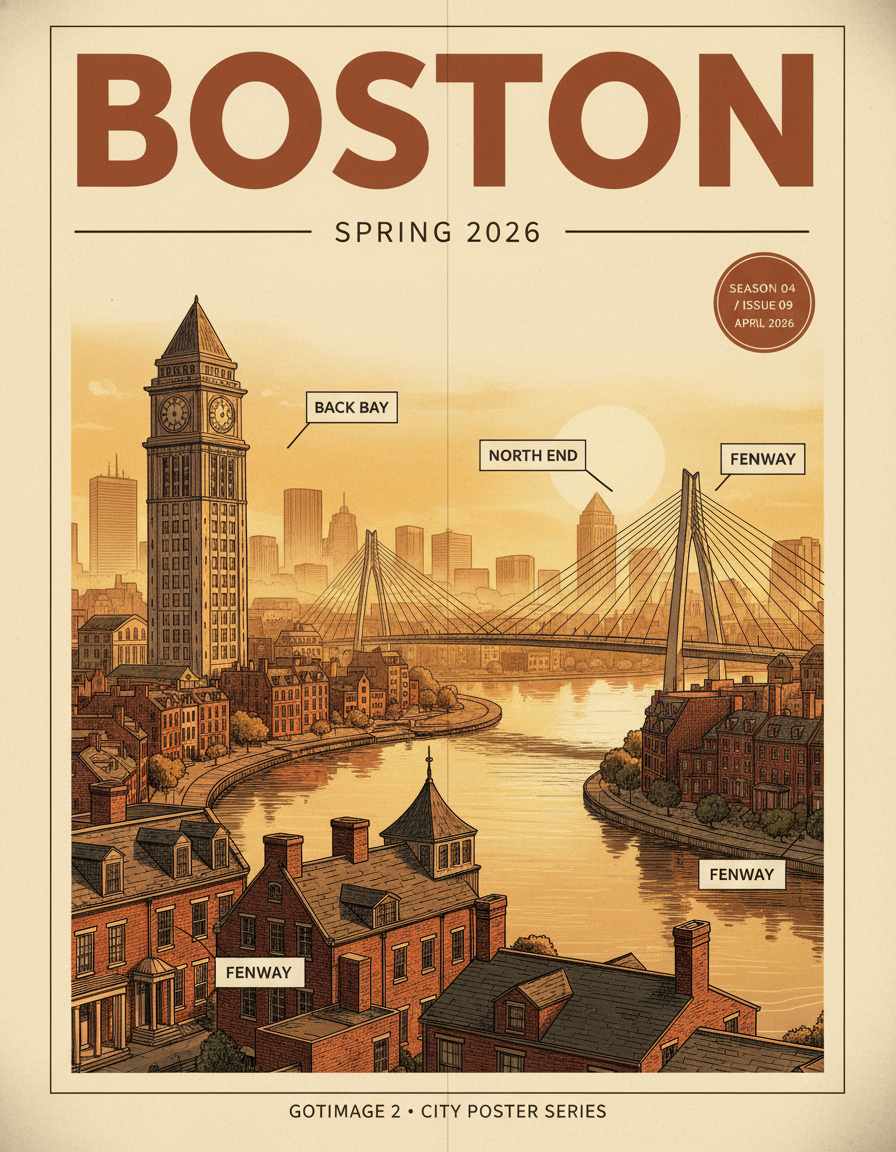 AI city poster of Boston in cinematic editorial magazine style, dramatic golden hour skyline of Custom House Tower, Zakim Bridge, Charles River, Beacon Hill brick rowhouses, with bold serif BOSTON headline and Spring 2026 sub-headline