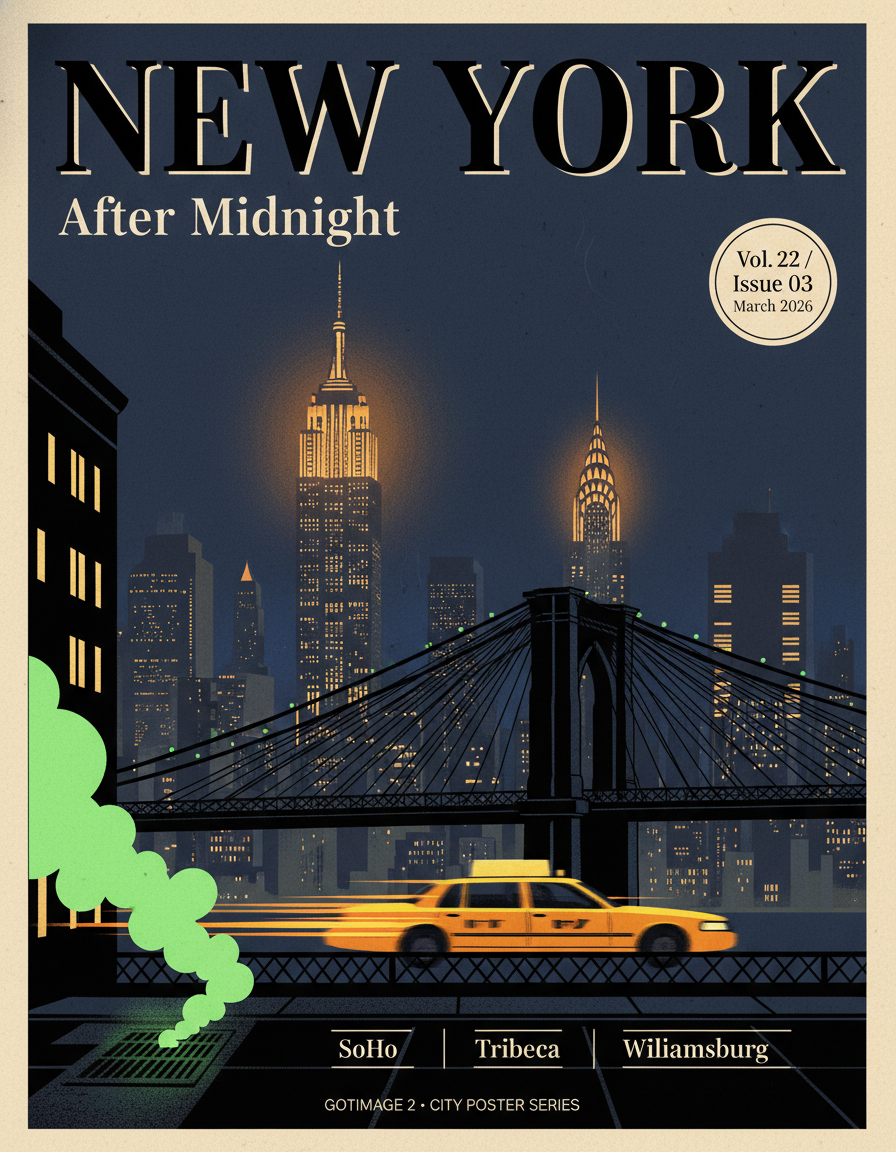 AI city poster of New York at midnight with Empire State Building, Chrysler Building, Brooklyn Bridge cables, yellow cab streaking past, Saul Bass inspired typography, After Midnight sub-headline