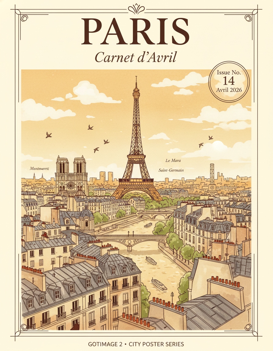 AI city poster of Paris at golden hour with zinc rooftops, Eiffel Tower, Seine, Notre-Dame and Pont Alexandre III, French serif Carnet d'Avril sub-headline, art-nouveau ornaments