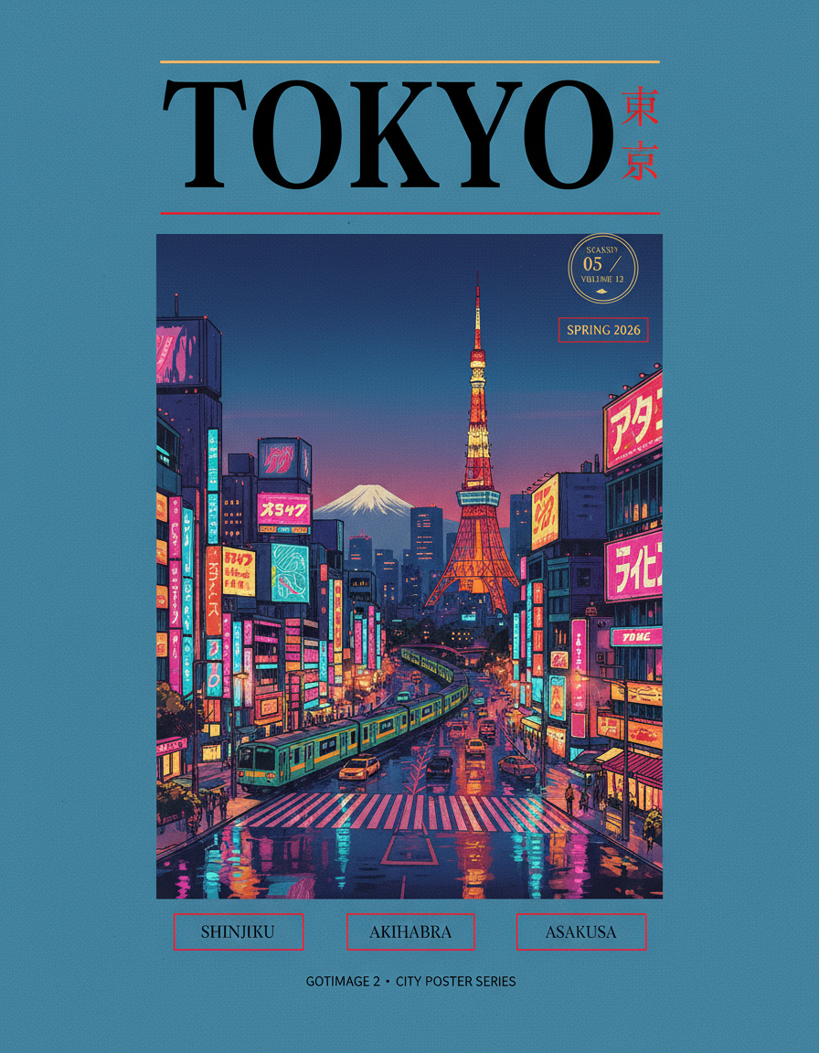 AI city poster of Tokyo at twilight blue hour featuring Shibuya scramble neon, Tokyo Tower, Yamanote line, distant Mount Fuji, kanji 東京 secondary line and editorial magazine layout