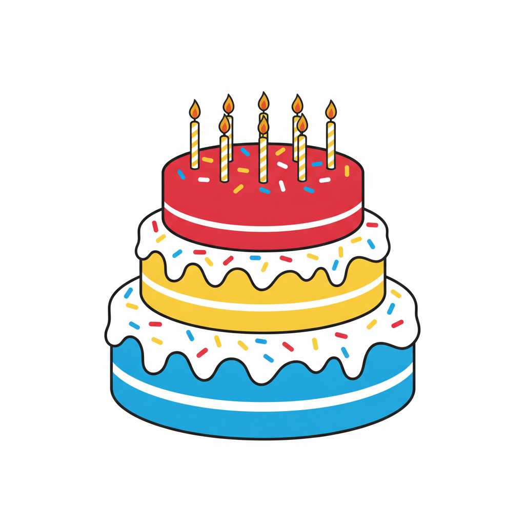 AI clipart generator result — a birthday cake with lit candles in bright festive colors on a white background