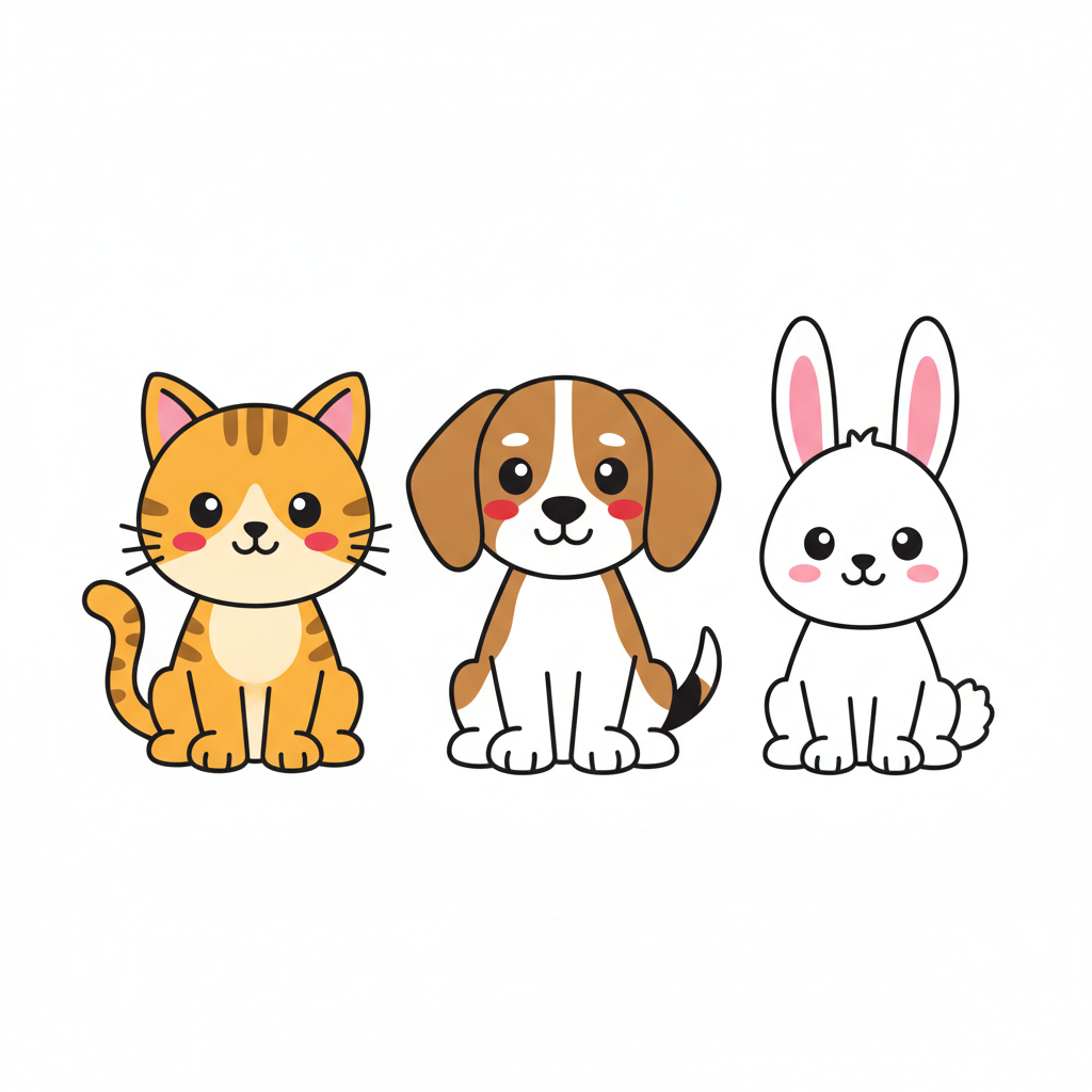 AI clipart generator result — cute cartoon animal clipart of a cat, dog and rabbit with bold outlines on a white background