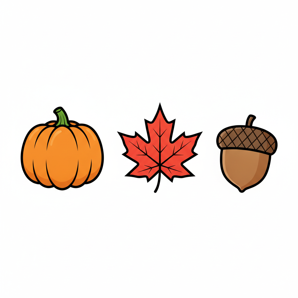 AI clipart generator result — an autumn fall clipart set with a pumpkin, maple leaf and acorn in clean flat vector style