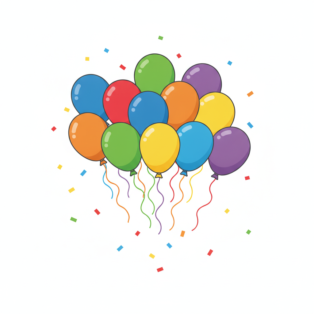 AI clipart generator result — colorful party balloons and confetti clipart in a cheerful flat style on a white background