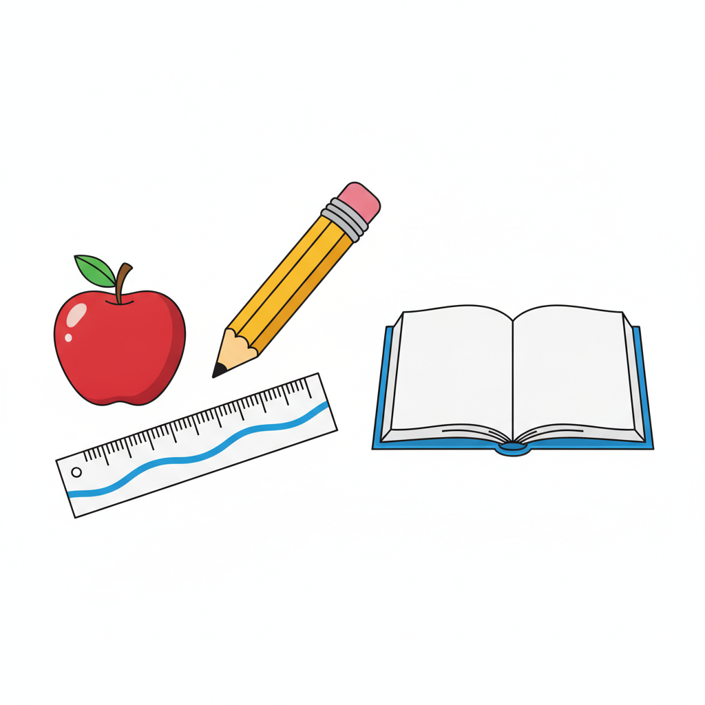 AI clipart generator result — a school supplies clipart set with a pencil, notebook, apple and ruler in flat cartoon style
