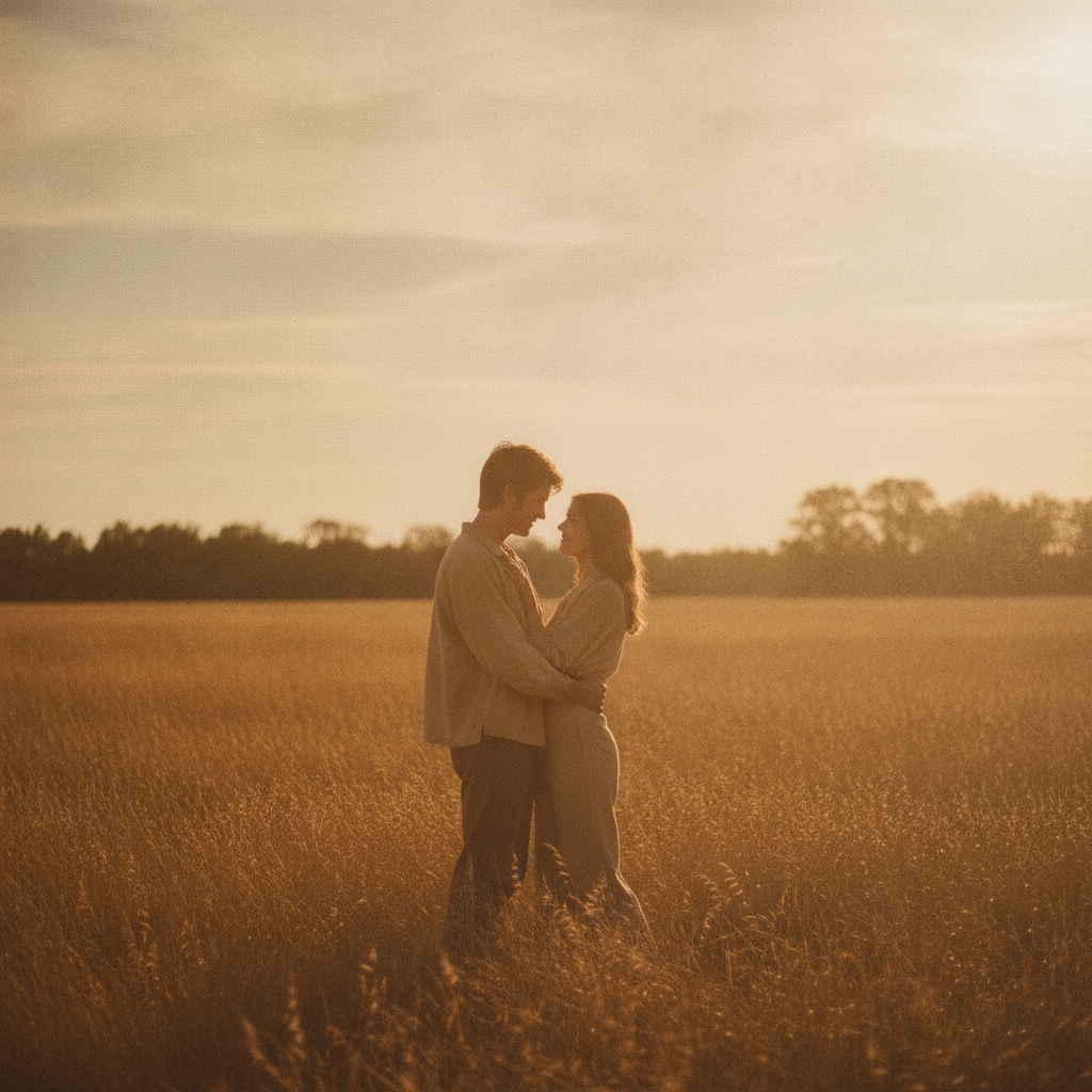 Warm vintage film color grade of a couple in a sunlit field created with the AI color grading tool