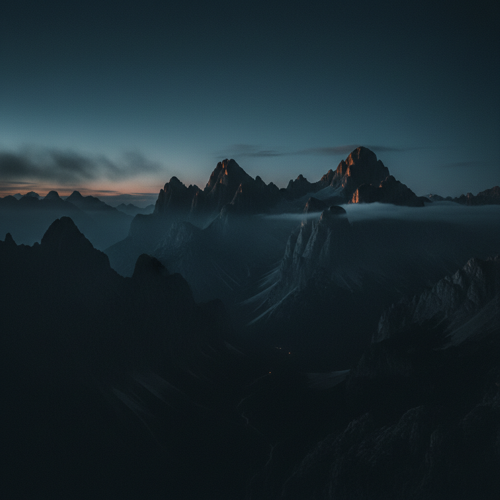 Moody film-noir color grade of a mountain landscape at blue hour from the AI color grading tool
