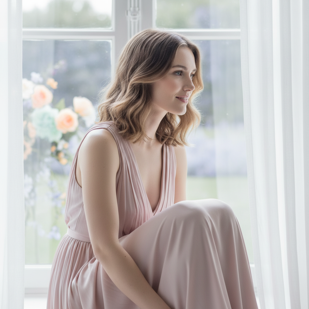 Soft pastel editorial color grade of a portrait by a window created with the AI color grading tool