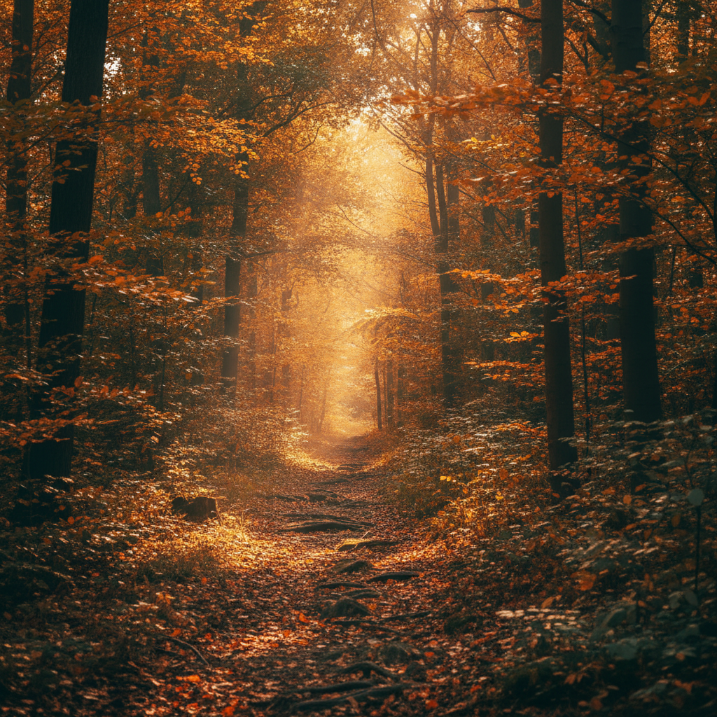 Rich autumn color grade of a forest path with warm amber tones from the AI color grading tool