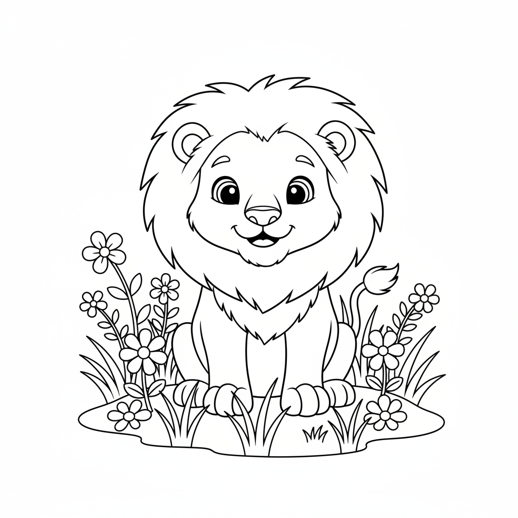 AI coloring page generator result — a printable black-and-white line art coloring page of a friendly cartoon lion