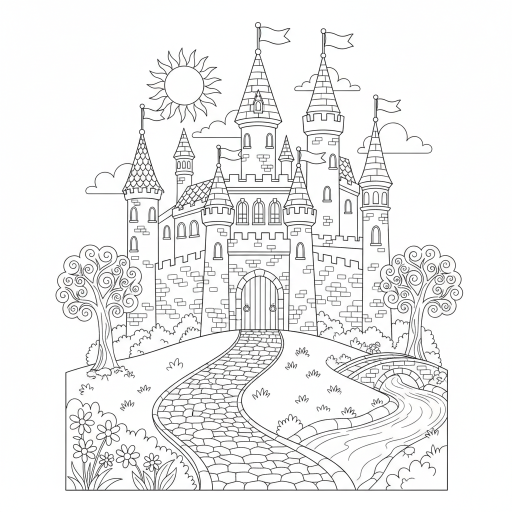 AI coloring page generator result — a detailed fairytale castle line art coloring page