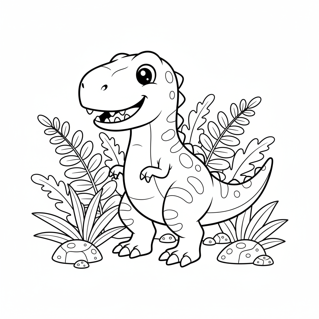 AI coloring page generator result — a friendly cartoon dinosaur coloring page for children