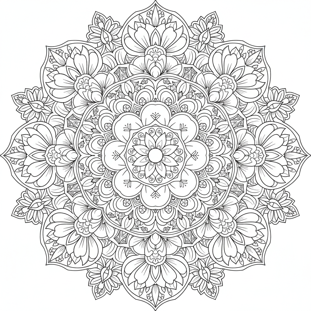 AI coloring page generator result — an intricate symmetrical floral mandala coloring page for adults