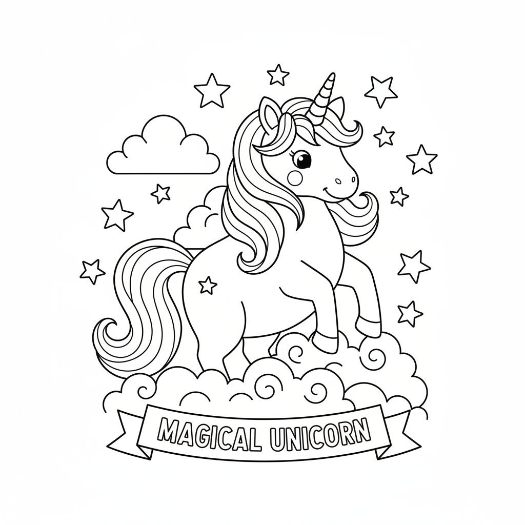 AI coloring page generator result — a magical unicorn coloring page with clouds and stars for kids