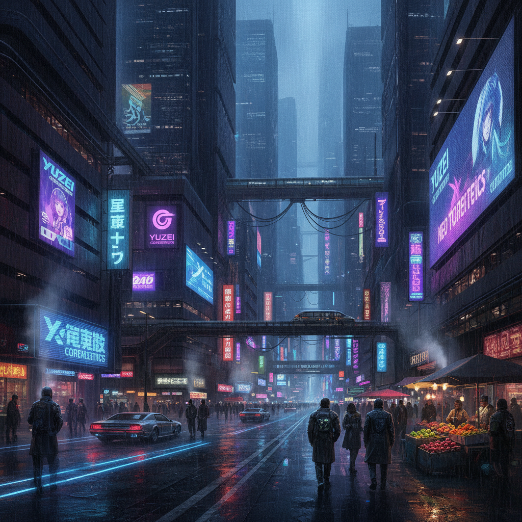 AI concept art generator result — a futuristic cyberpunk city street at night with neon signs and cinematic lighting