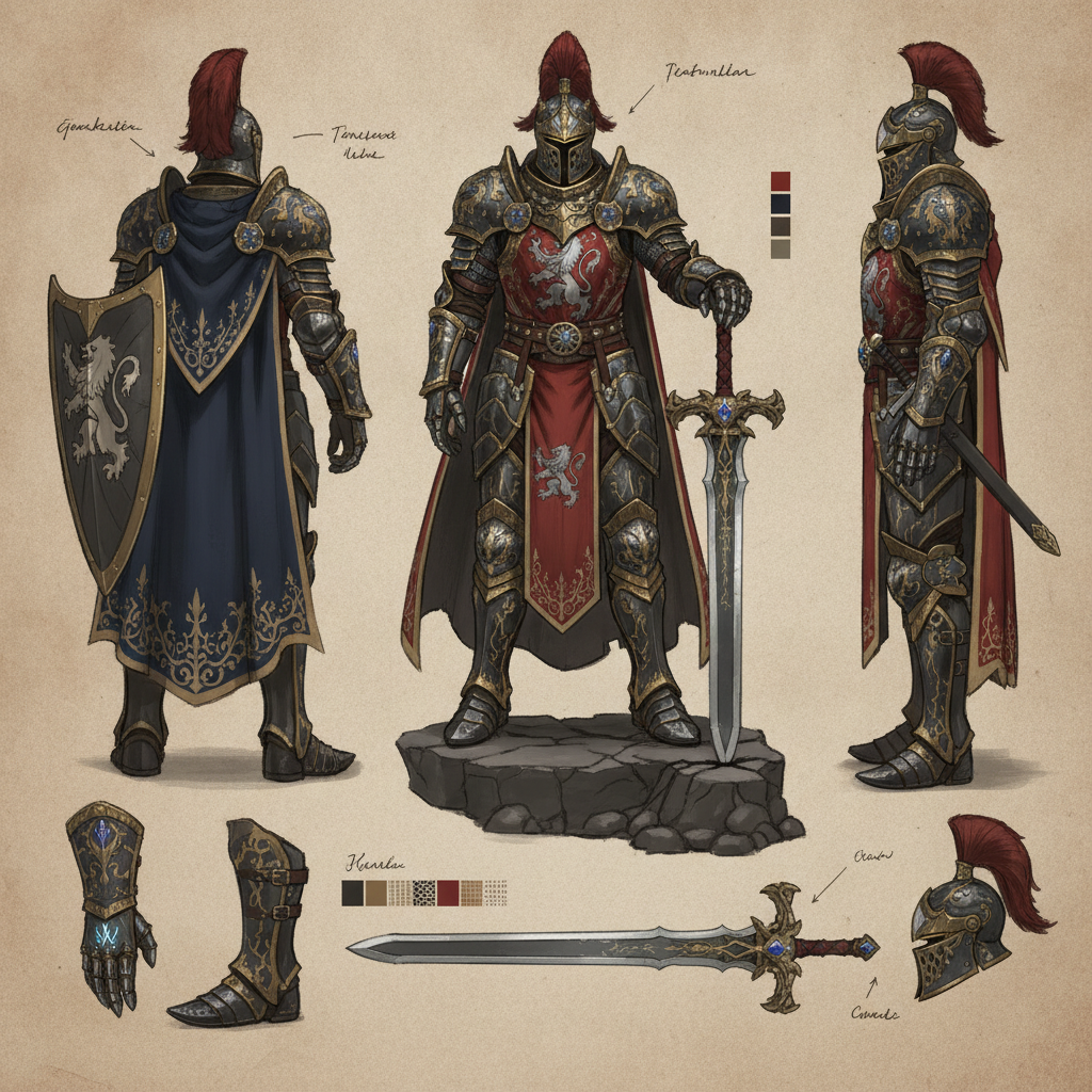 AI concept art generator result — a fantasy knight character concept sheet with detailed ornate armor and multiple angles