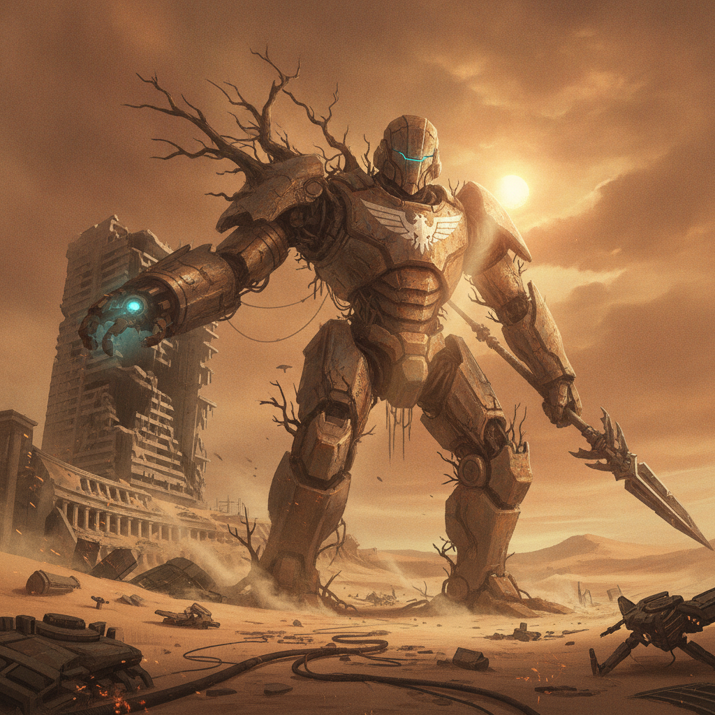 AI concept art generator result — a giant ancient mech robot standing in a ruined desert as dramatic key art