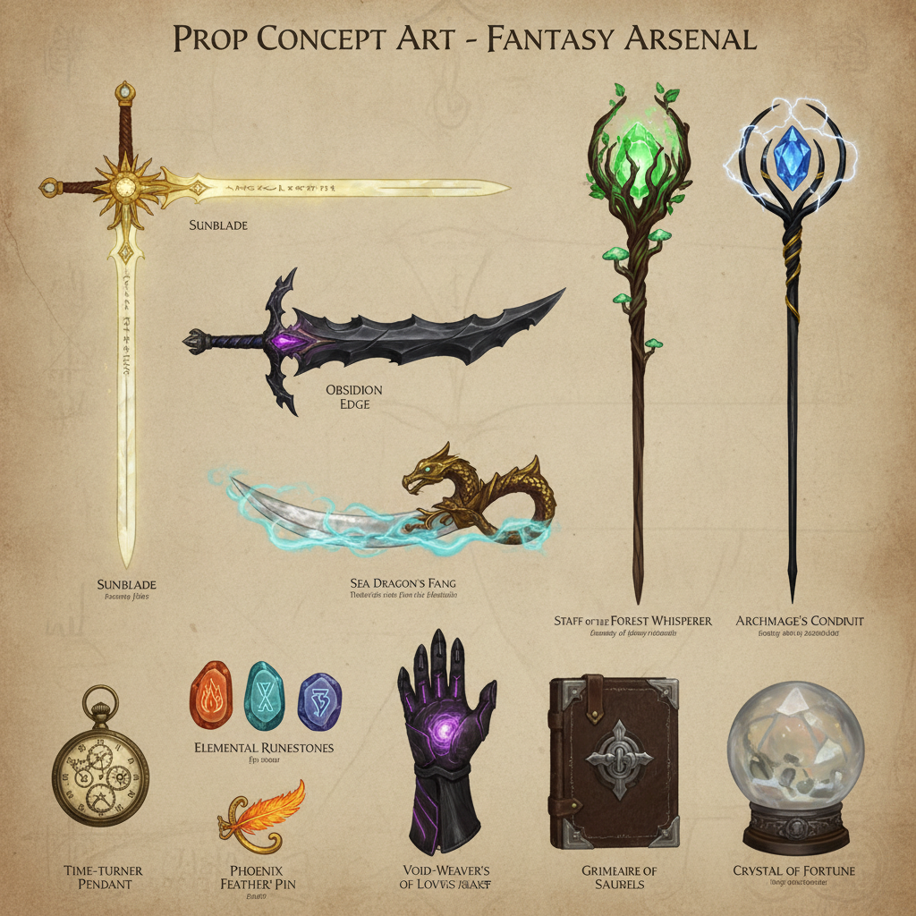AI concept art generator result — a prop concept sheet of fantasy weapons and magical artifacts
