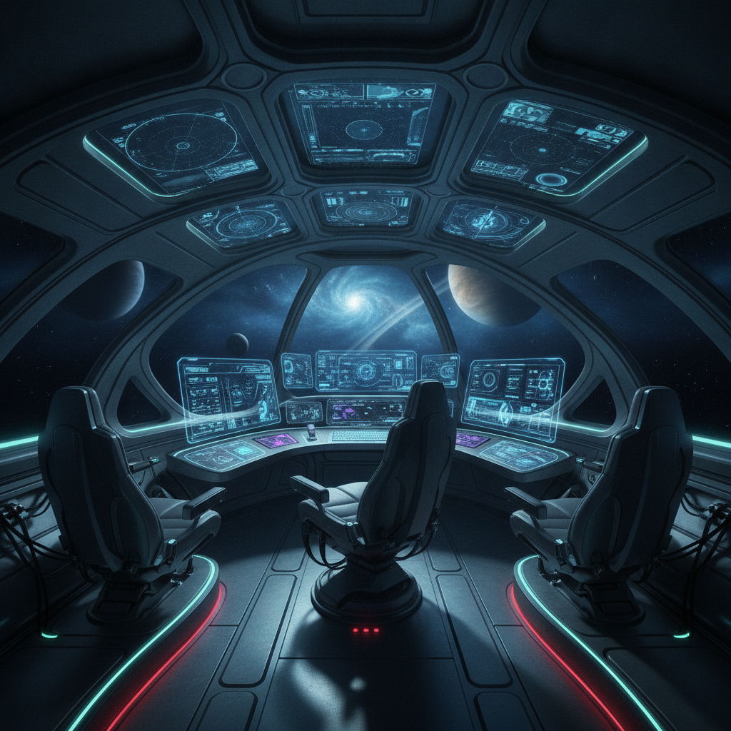 AI concept art generator result — a sci-fi spaceship cockpit interior with futuristic control panels and atmospheric lighting