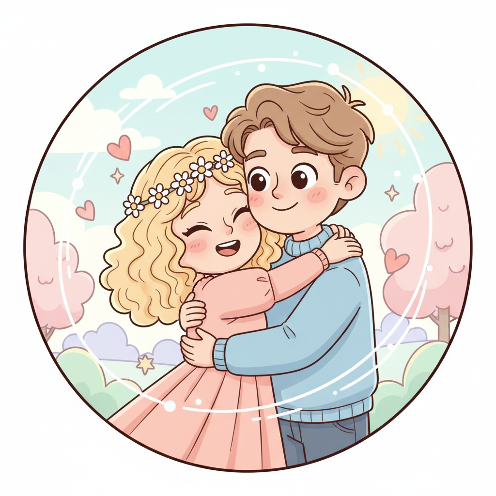 AI couple generator result — a cute cartoon illustration of a couple hugging