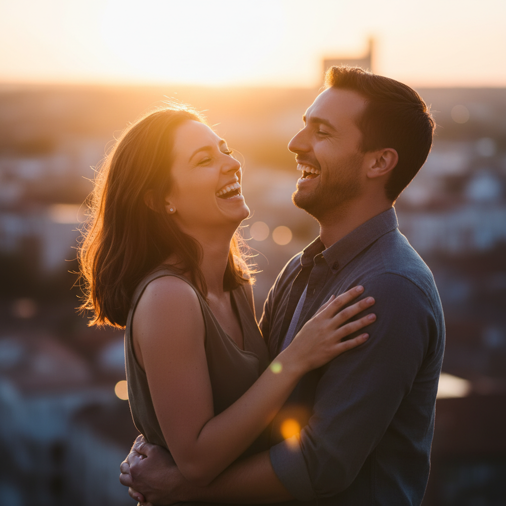AI couple generator result — a couple laughing together outdoors at golden hour