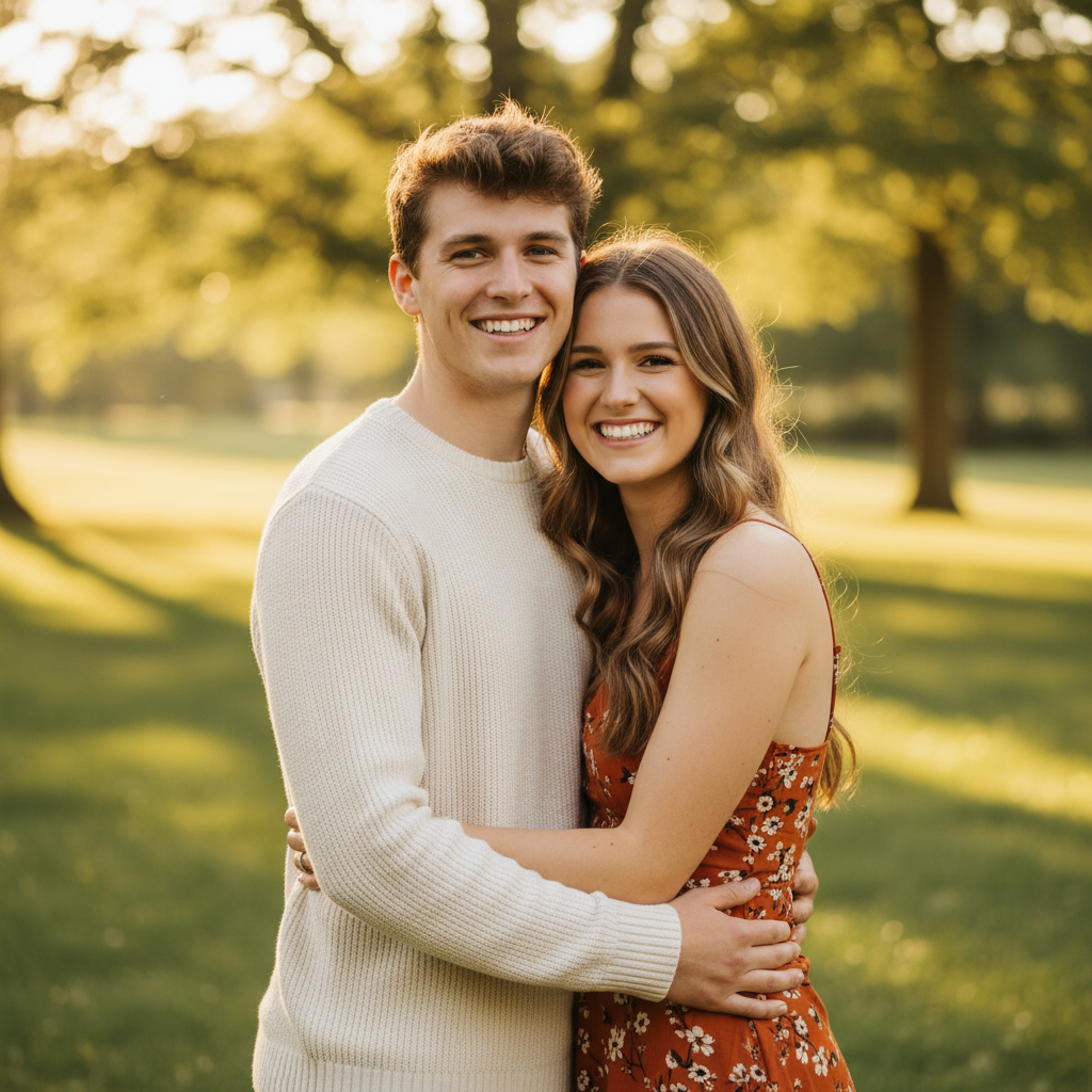 AI couple generator result — a happy couple together in a sunlit park with soft natural lighting