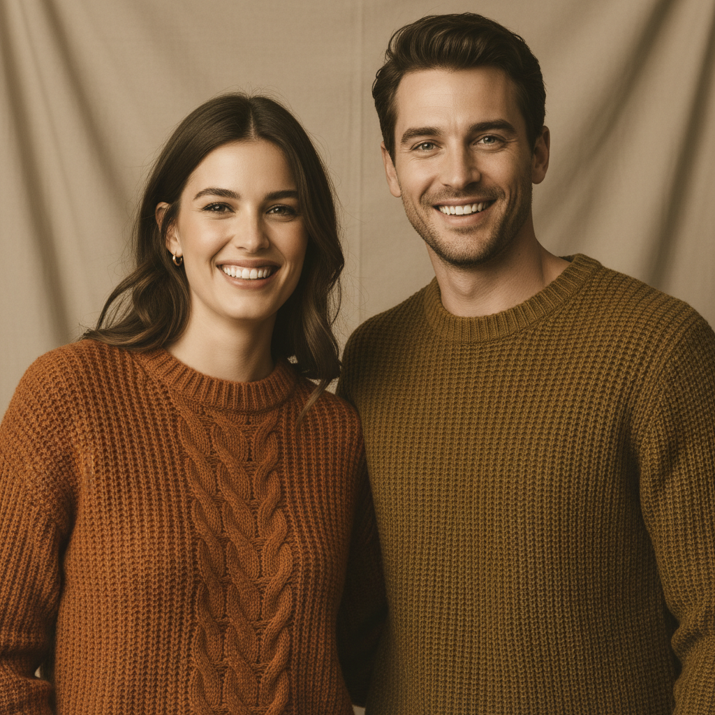 AI couple generator result — two smiling people side by side in a cosy studio portrait