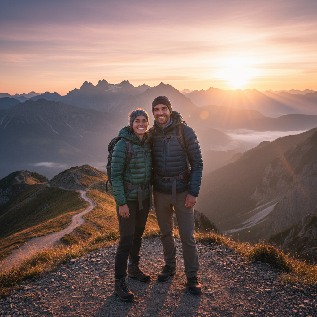 AI couple generator result — an adventurous couple together at a scenic mountain overlook at sunrise