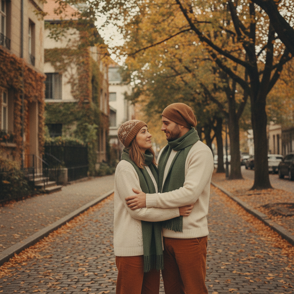 AI couple generator result — a vintage film-style portrait of a romantic couple in autumn outfits