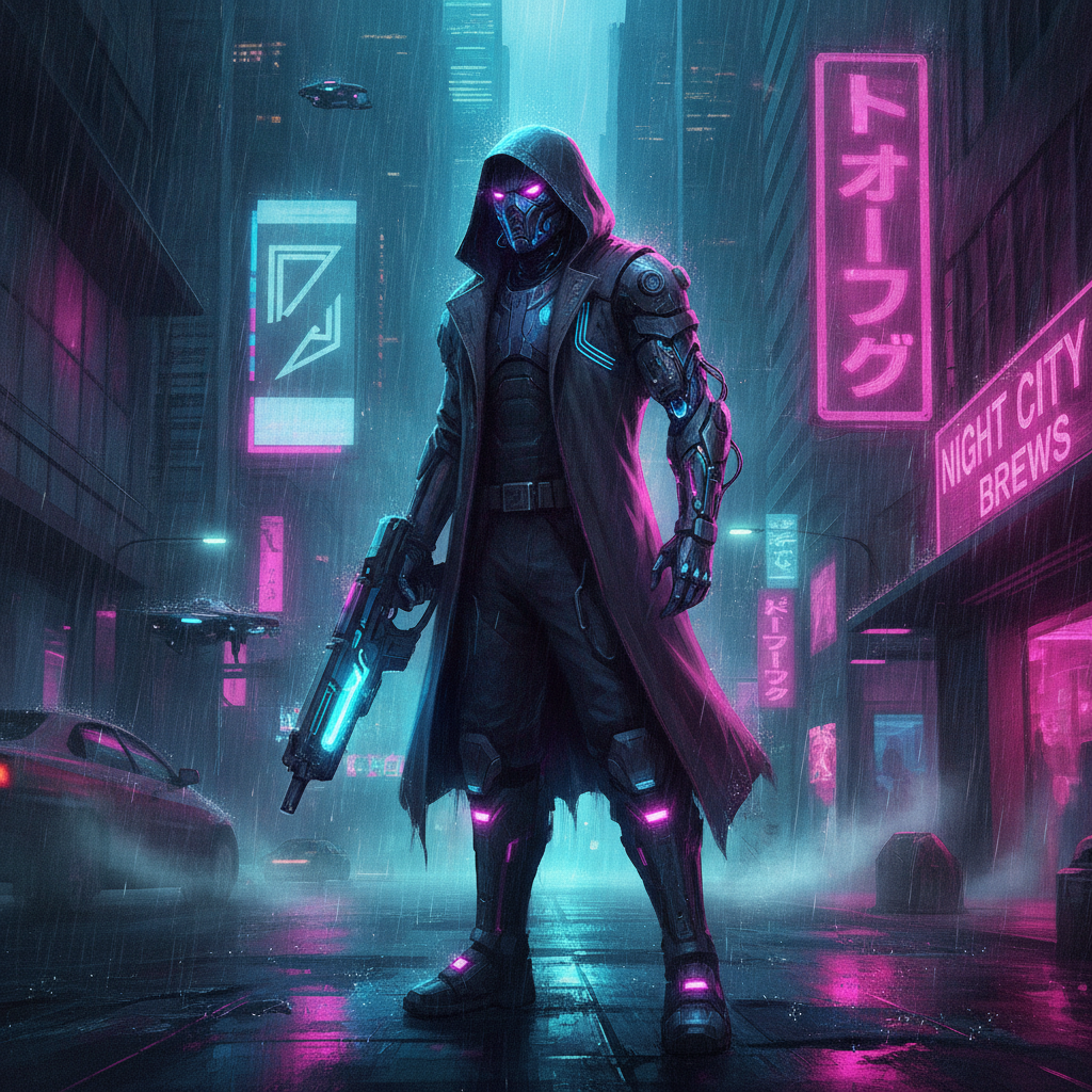 AI cyberpunk generator result — a neon-lit cyberpunk character with cybernetic implants in a rainy city street