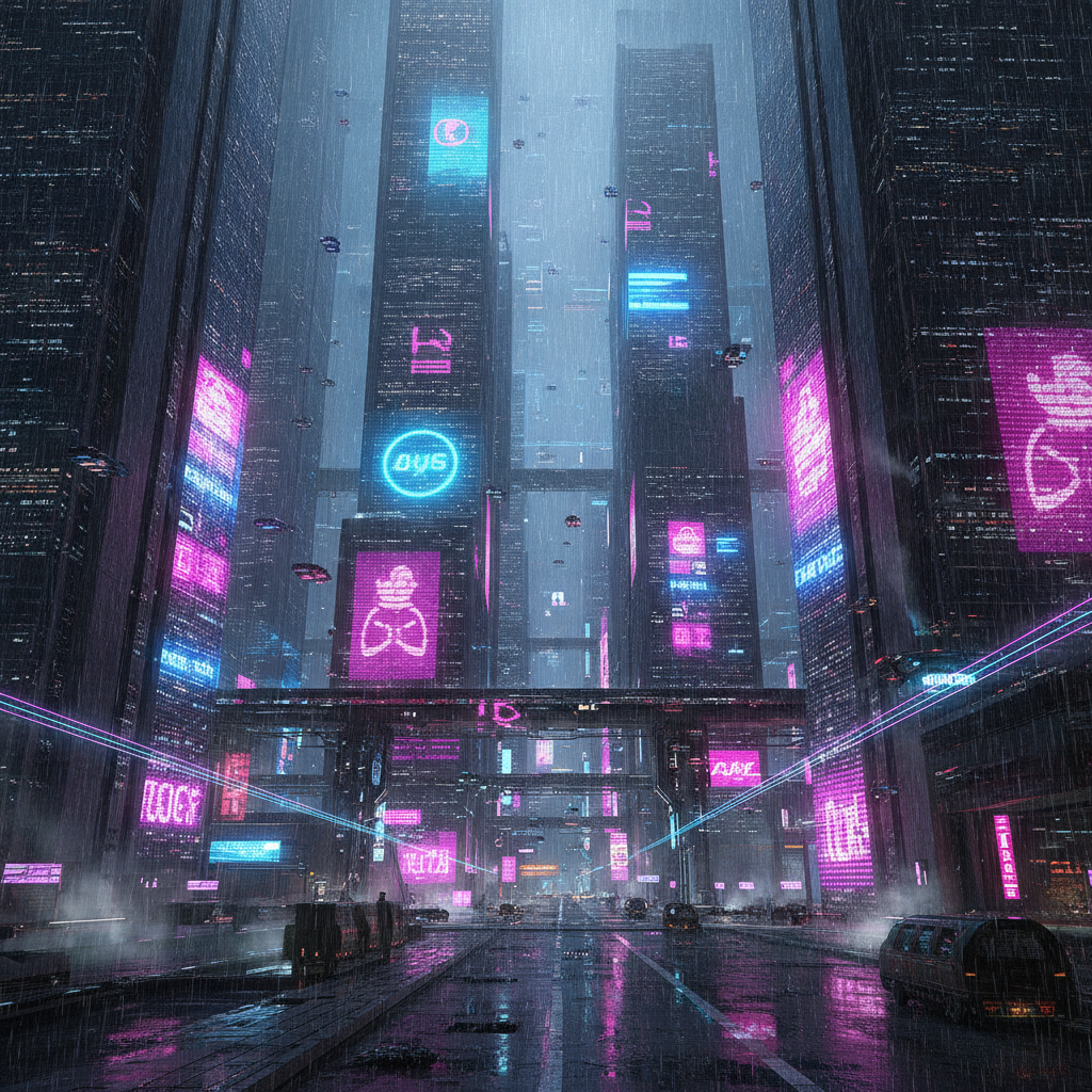 AI cyberpunk generator result — a futuristic neon cityscape with holograms and flying cars at night