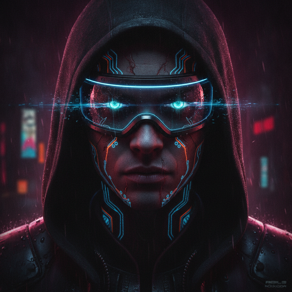 AI cyberpunk generator result — a cyberpunk hacker portrait with glowing augmented eyes and luminous tattoos