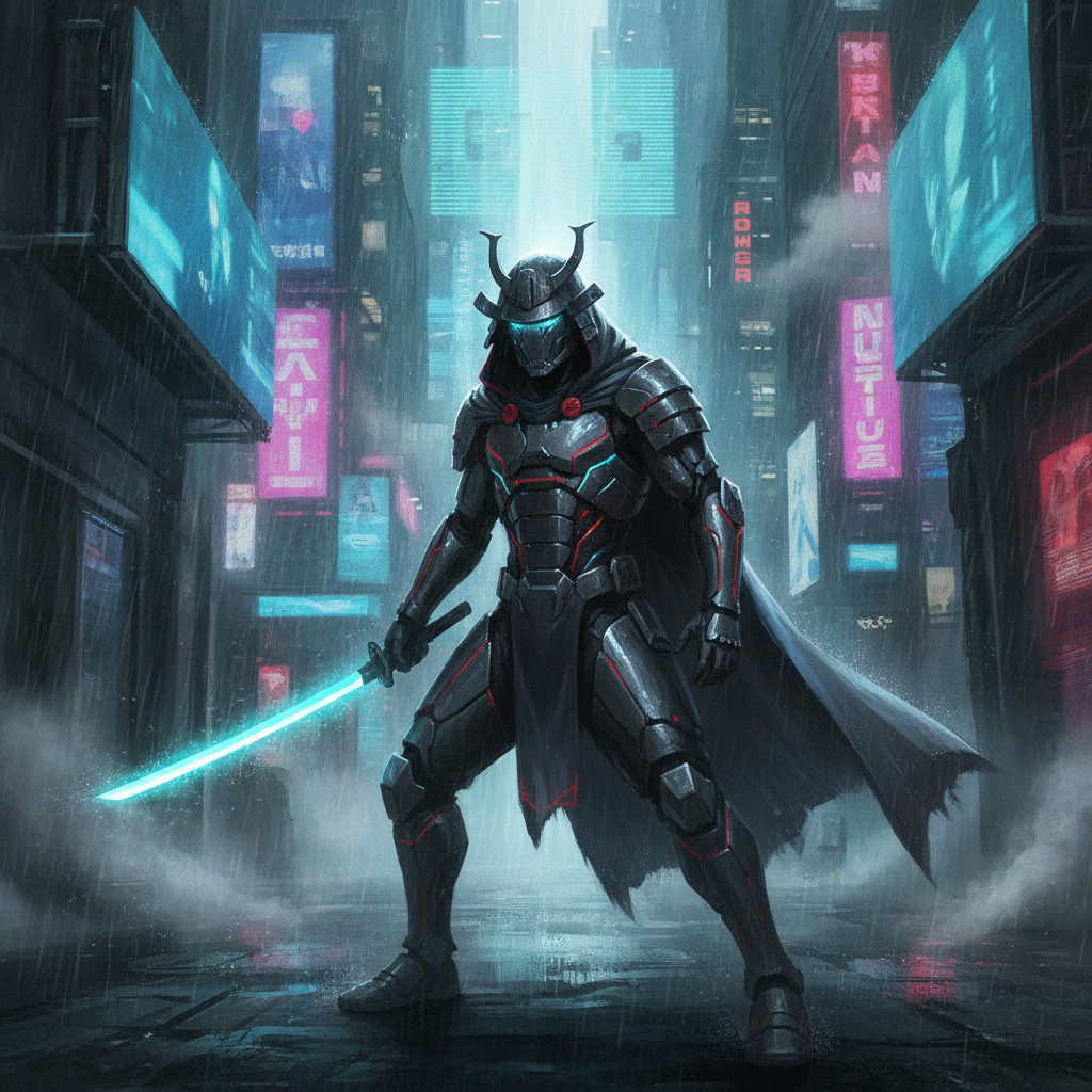 AI cyberpunk generator result — a cyberpunk samurai with a glowing katana in a neon Tokyo street